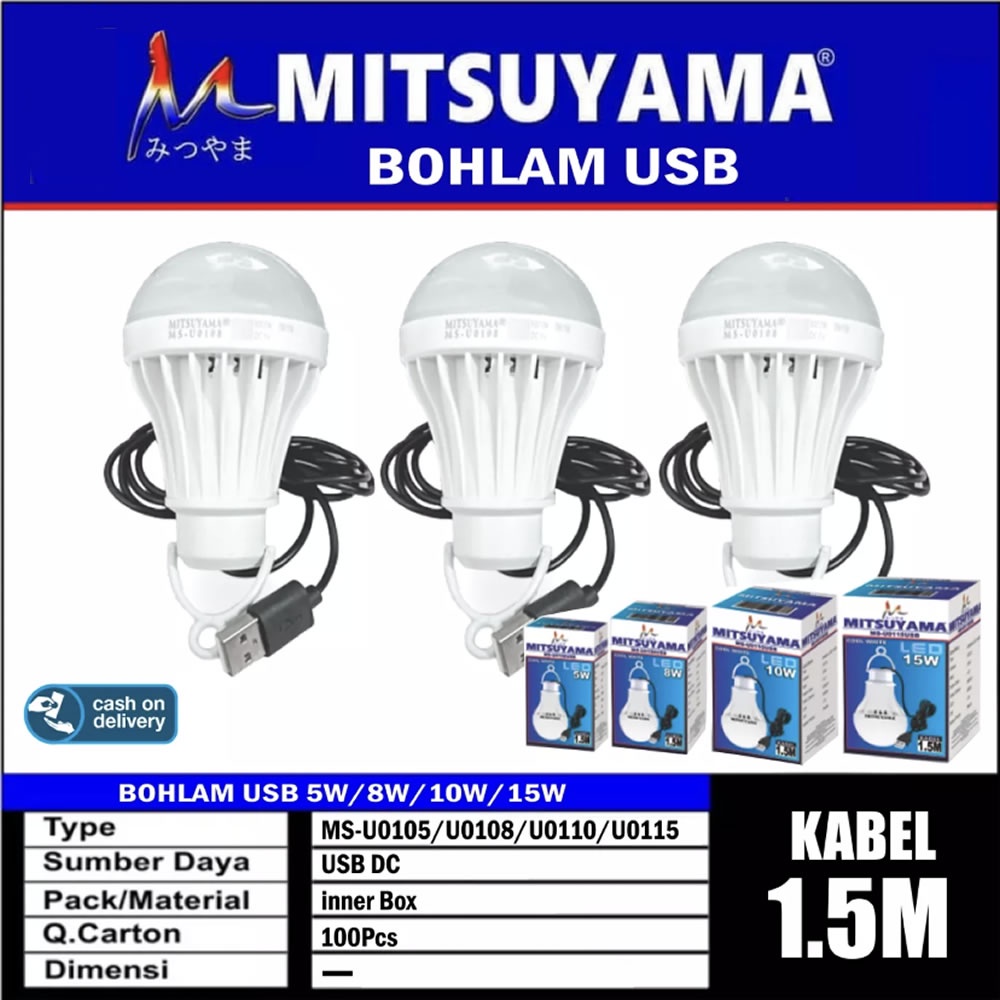 Bohlam USB Emergency 5 / 8 / 10 / 15 Watt LED Mitsuyama Lampu Panjang Kabel 1,5 Meter