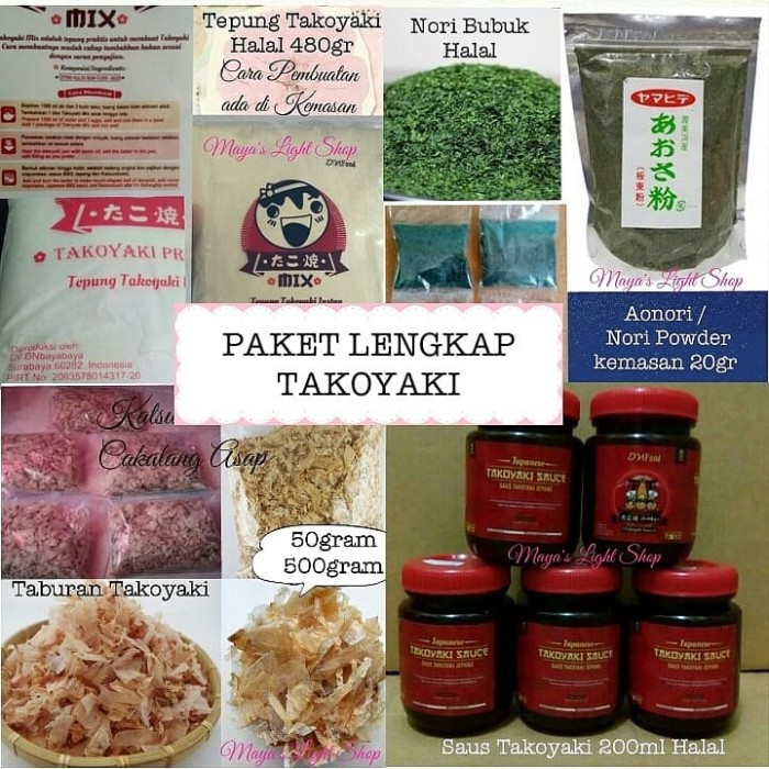 

Ready- Bahan Takoyaki Halal Tepung Tako Aonori Katsuobushi Saos Okonomiyaki