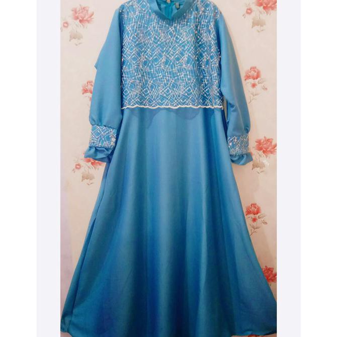 Gamis Brukat 3D Maxy Pesta Lebaran Terbaru Biru Muda Tamarablerin