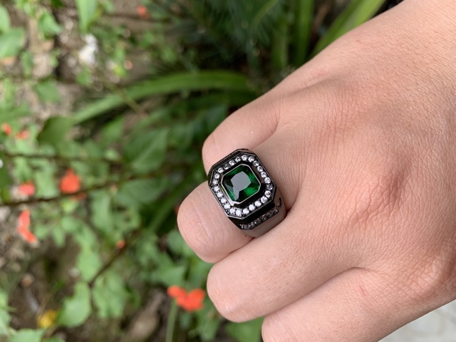 Cincin Pria Akik Zamrud Green Emerald Black Platted Mewah Minimalis Kantoran