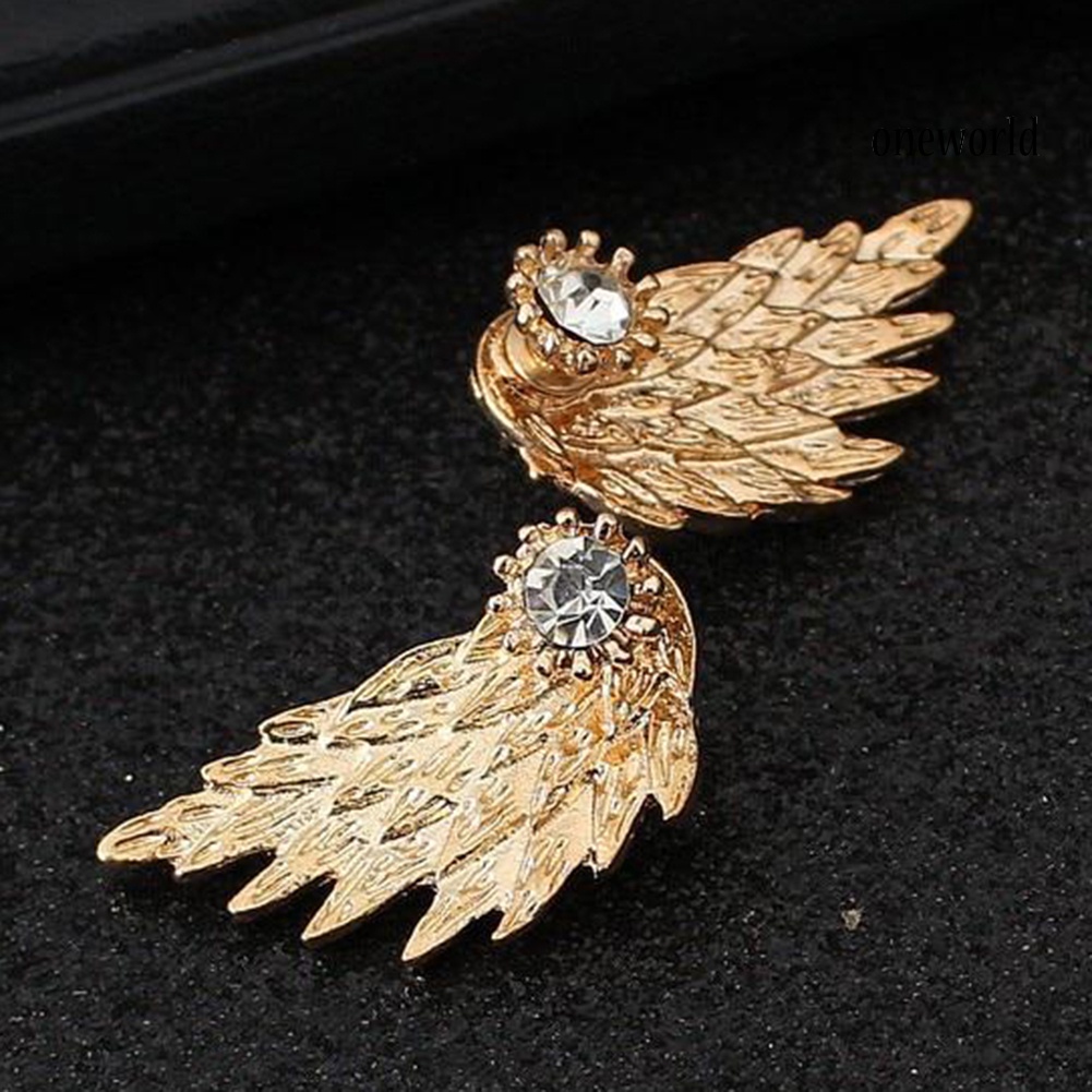 OW@ Women Fashion Angel Wing Rhinestone Inlaid Ear Jacket Stud Earrings Jewelry Gift