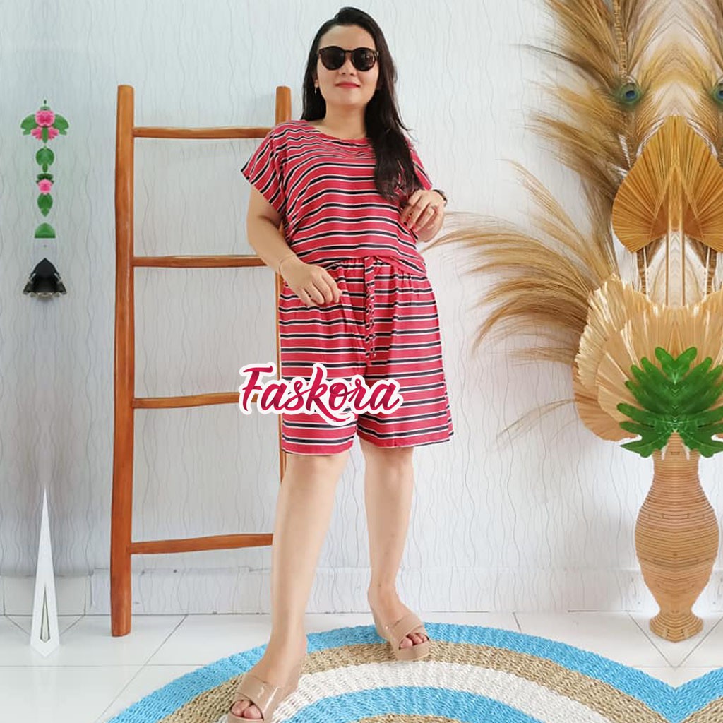 Setelan Rayon Pendek Jumbo Wanita Salur / One Set Rayon Jumbo Pendek / Baju Tidur Jumbo Pendek Rayon