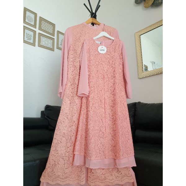 Set Gamis couple ibu anak raya fitri peach salem kaftan brokat sifon premium mewah full furing
