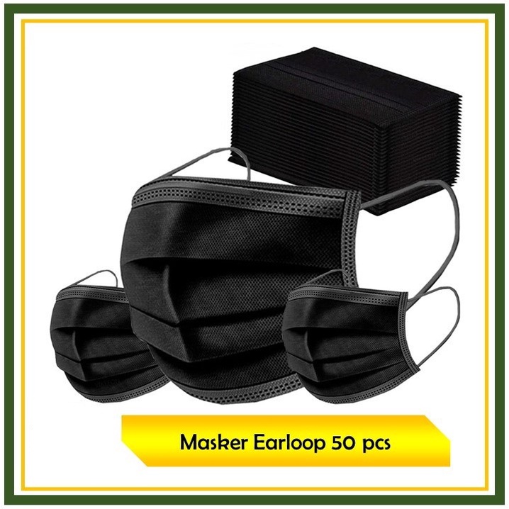 Masker 3ply Earloop HITAM 50pcs per Box BLACK Disposable Mask 50 pcs per 1box