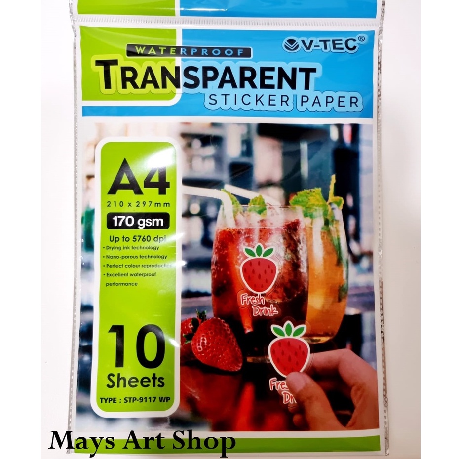 

Transparent Sticker Paper V-Tec A4 / Vtec Kertas Label Stiker Tempel Transparan 170 gsm Waterproof Transparant 1 pak 170gsm 210 x 297 mm murah