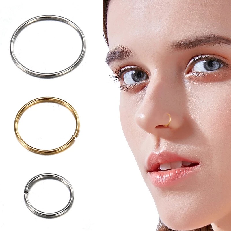 Cincin Tindik Hidung Bentuk Lingkaran Bahan Stainless Steel Gaya Punk Untuk Wanita