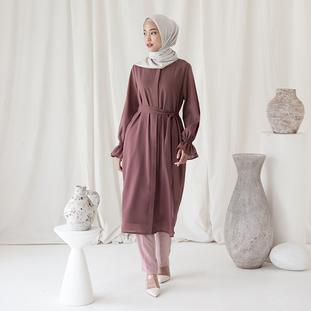 Aras by Aska Label - Tunik wanita blouse polos tali detail lengan kerut dan full kancing depan warna lilac, ungu, plum, abu tua dark grey