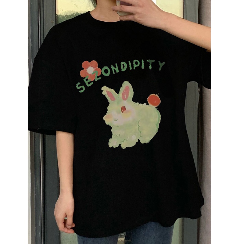 EUNII T-shirt Lengan Pendek Cetakan Kelinci Lucu Longgar Gaya Korean Style/Kaos Atasan Wanita/Baju Kaus Oversize Wanita