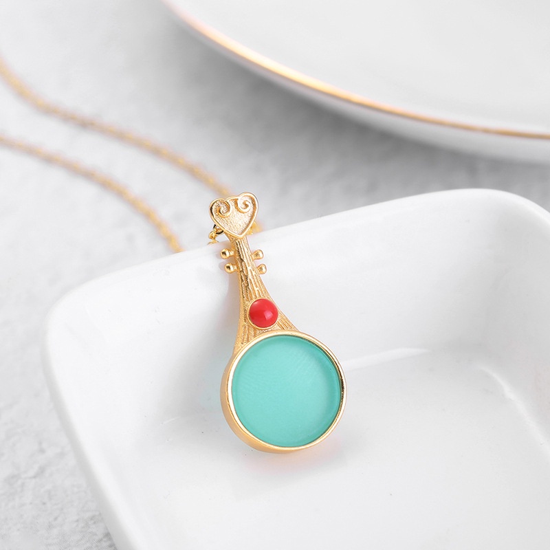 [Ready Stock]Fashion Mosaic Jade Gold Plated Pipa Pendant Necklace