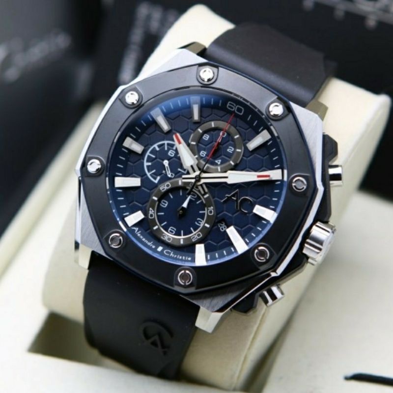 Alexandre Christie Original AC9601 Jam Tangan Pria Tali Karet Hitam Silver