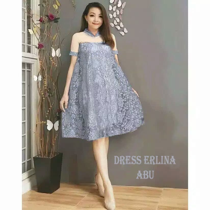[DRESS ERLINA ABU SL]Dress wanita brukat abu abu