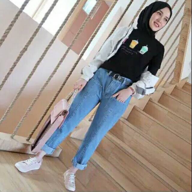 CELANA JEANS WANITA KOREA JUMBO BAGGY PANT KULOT JEANS KOREAN STYLE BOYFRIEND RAWIS BORDIR KEKINIAN