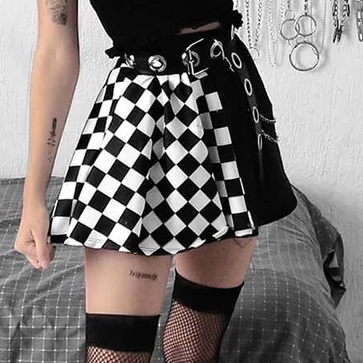 [Goth Story] Mini Skirt Sexy Gothic Plaid Chess Pattern Rok Pendek Hitam Motif Catur 8593 (S/M/L)