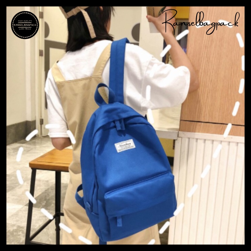 Tas Ransel Backpack Punggung Pria Wanita Sekolah Distro Polos Murah Terbaru Cewek Cowok Pria Wanita-Biru benhur Lebel