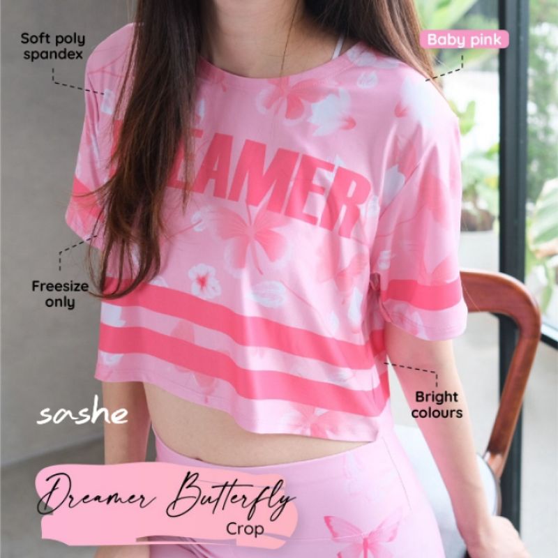 Dreamer Butterfly Crop Baju Valentine Kaos Atasan Senam Olahraga Wanita