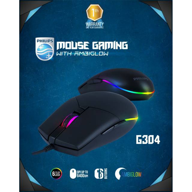 Mouse gaming philips momentum Wired usb 6d led ambiglow 6400dpi Spk9304 G304 G-304