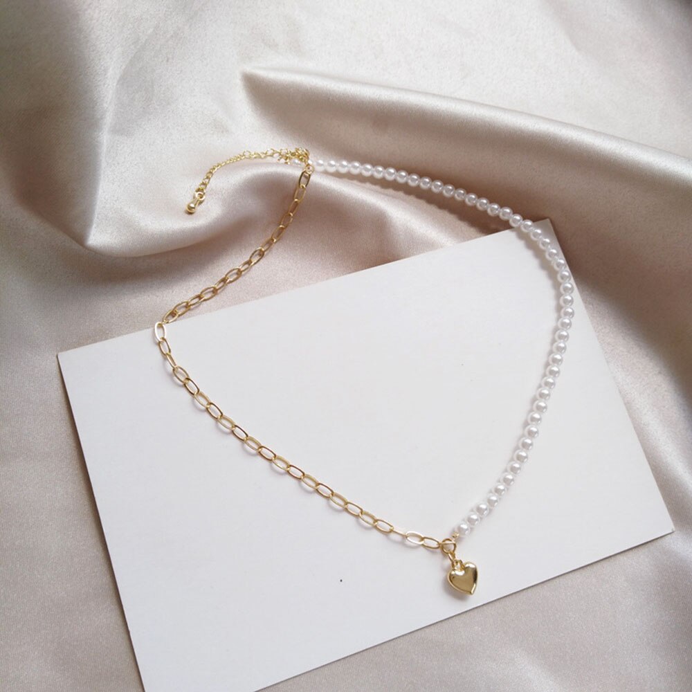 Kalung Choker Rantai Mutiara Bentuk Hati Asimetris Warna Emas Untuk Wanita