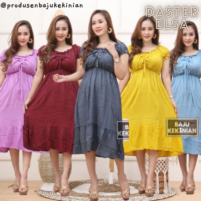 Daster Rayon Kekinian ELSA Dress Korea Terbaru Sabrina Serut Kerut Motif Polos Jumbo Katun Non Busui