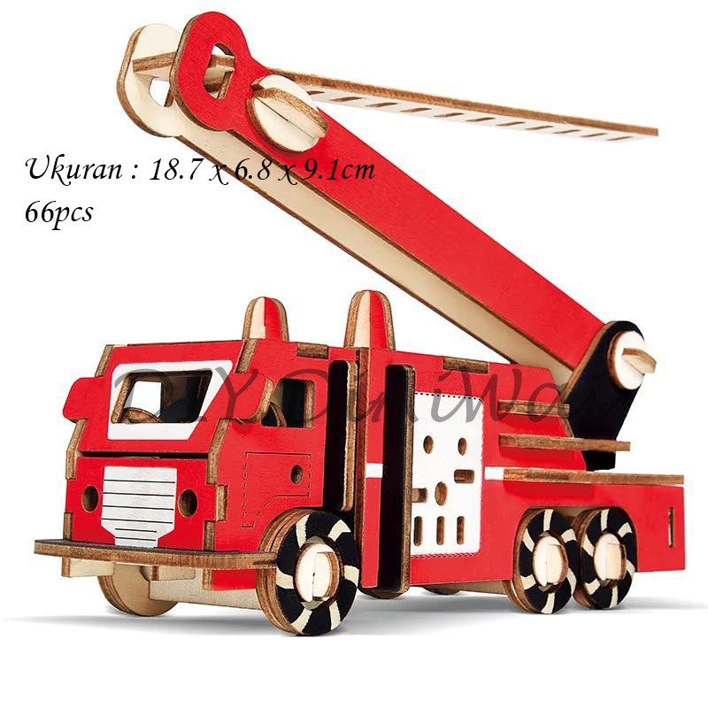 Puzzle 3D DIY bahan kayu model Fire Truck / Truk mobil pemadam kebakaran mainan puzzle edukasi anak