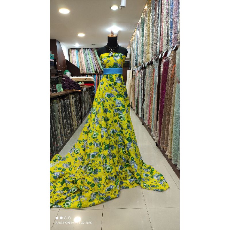 Kain Dress Organza Jacquard Motif Bunga Emboss Kuning