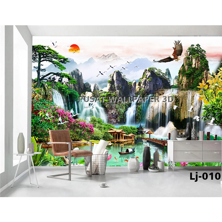 Cetak Print Wallpaper Dinding 3d Pemandangan Alam Air Terjun, Walpaper Merak