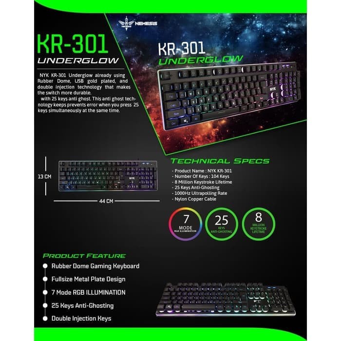 NYK KR-301 Underglow Full Size Metal Plate Gaming Keyboard