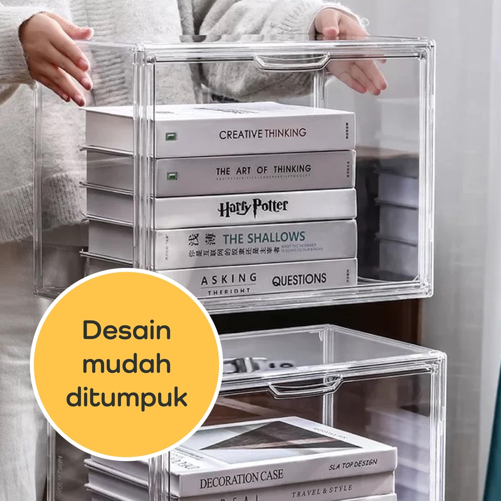 【IKONE】HAKI Transparent Acrylic Book Magazine Organizer Container Box Transparan Premium Berkualitas Kotak Penyimpanan Bening Akrilik Organiser Estetik Storage Box Serbaguna Penutup