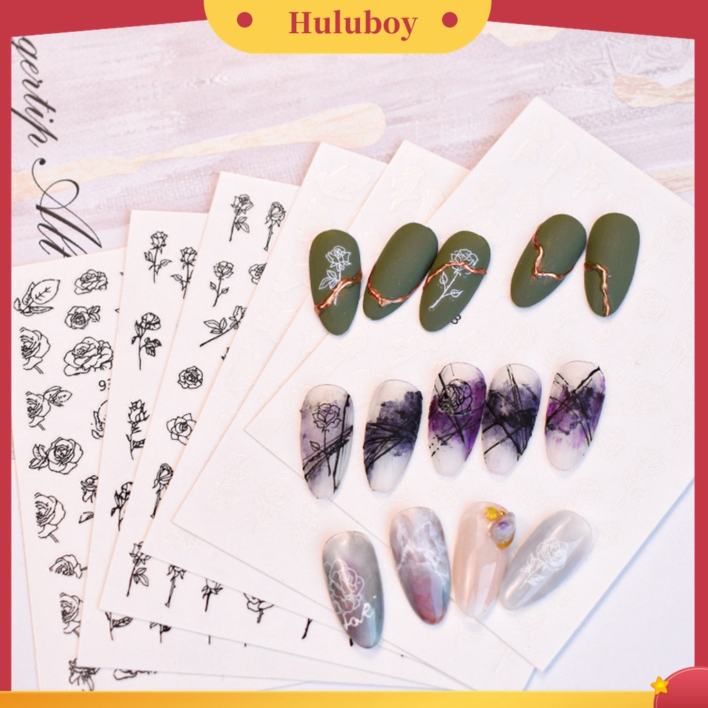 Huluboy Huluboy♡ 6pcs Stiker Nail Art Desain Bunga Mawar Hollow Hemat Waktu Untuk Dekorasi Manicure