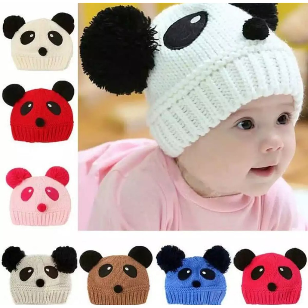 Kupluk Rajut Pompom Anak Bayi Karakter Panda