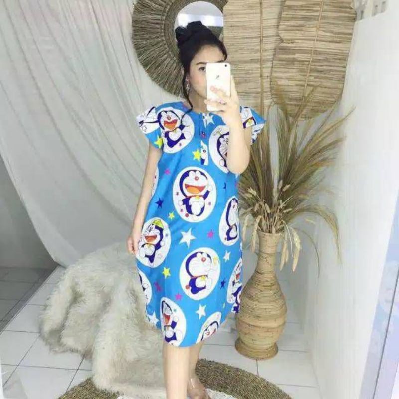 ECER DASTER JUMBO LD 130 CM / DASTER IBU UKURAN XXL /DASTER BUSUI /DASTERJUMBO MOTIF TERBARU / PAKAIAN WANITA-DORAEMON