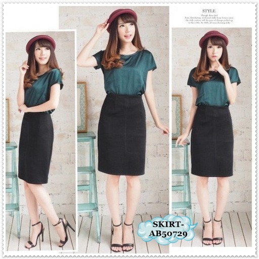 AB50729 Rok Span Pensil Pencil Midi Mini Skirt Kerja Pesta Hitam Black Scuba Bangkok Korea Import