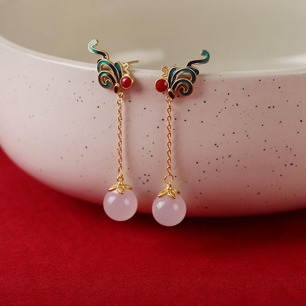 Mxbeauty Anting Wanita Cheongsam Perhiasan Elegan Fashion Geometri Merah Kuno Bulat Gaya Cina Perhiasan Panjang Menjuntai Anting Gaya Cina Ear Drop