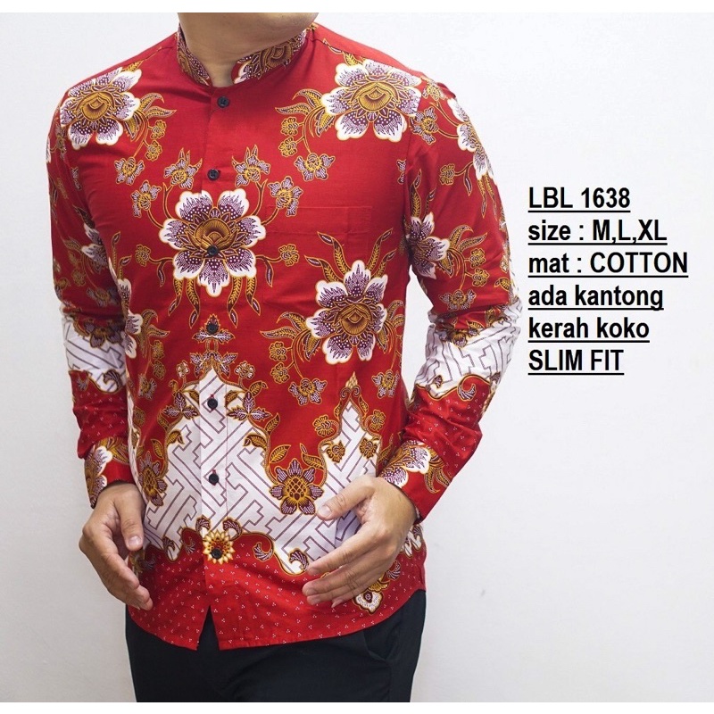 BatikBule Kemeja Batik Slimfit Panjang Motif Formal Warna Merah dan Putih  Kerah Shanghai LBL1638 &amp; LBL1639