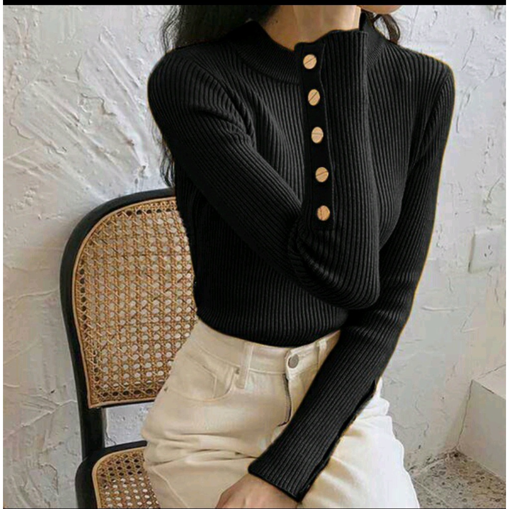 OZ BUTTON KNIT / Atasan rajut wanita turtle neck