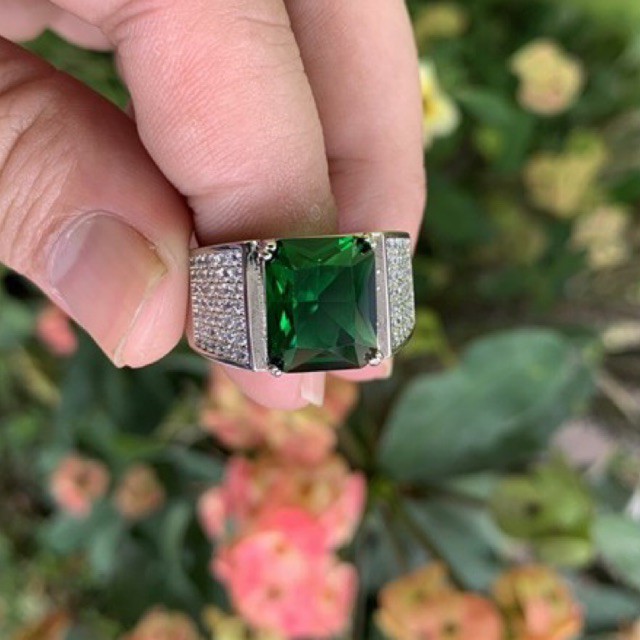 Cincin Pria Perak Sterling Silver 925 Batu Zamrud Emerald Cubic Zirconia
