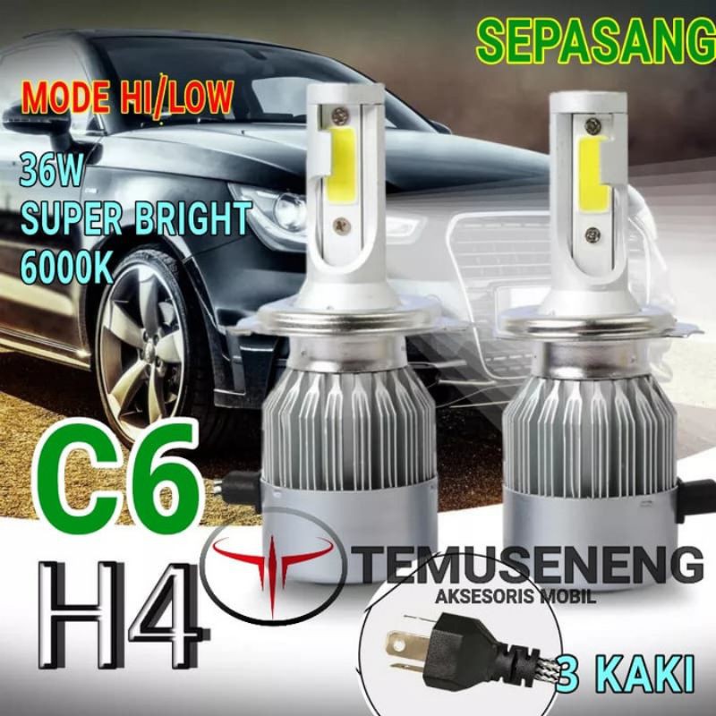 Sepasang Lampu Mobil Led Cob Soket H4 36W Headlamp Hi-Lo C6 Super Bright Kaki 3 Lampu Depan Utama