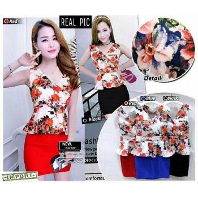 Dress motif Bunga Model peplum gaun pesta gaya korea