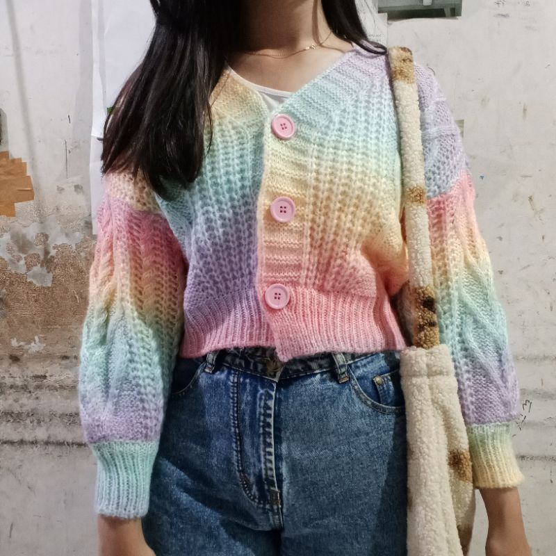 Cardigan jisoo rainbow pelangi crop sweater rajut oversize cable blackpink baju