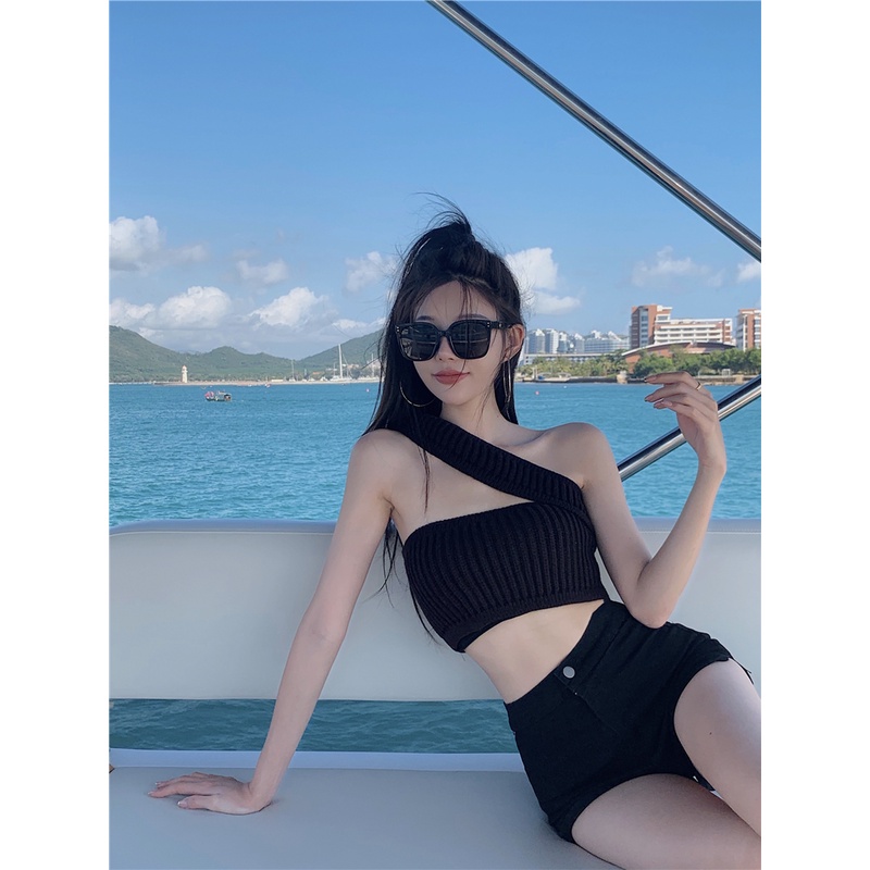 Suhao American Halter Knit Kamisol Tank Top Kemeja Bawahan Wanita Atasan Pendek