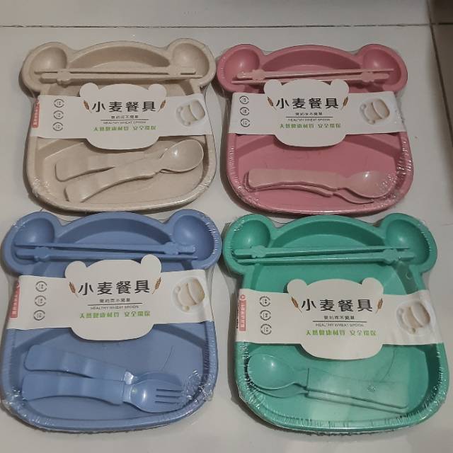 Piring set wheat gandum ( No Box ) / piring anak gandum / piring kepala bear lucu / piring sehat