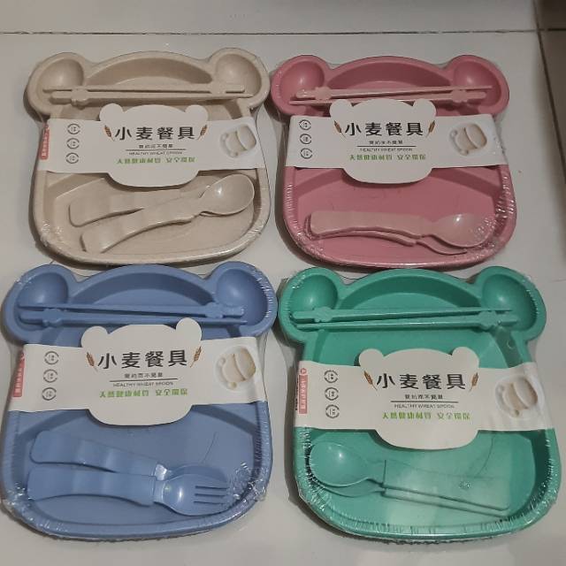 Piring set wheat gandum ( No Box ) / piring anak gandum / piring kepala bear lucu / piring sehat