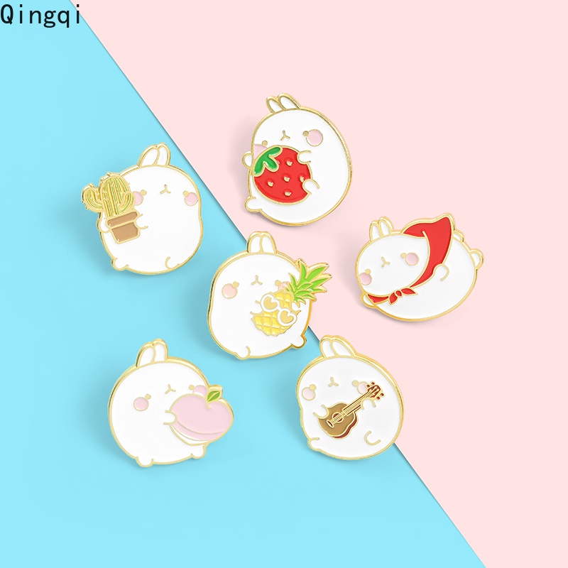 Bros Pin Enamel Bentuk Kartun Kelinci Putih Kaktus Peach Gitar Untuk Ransel