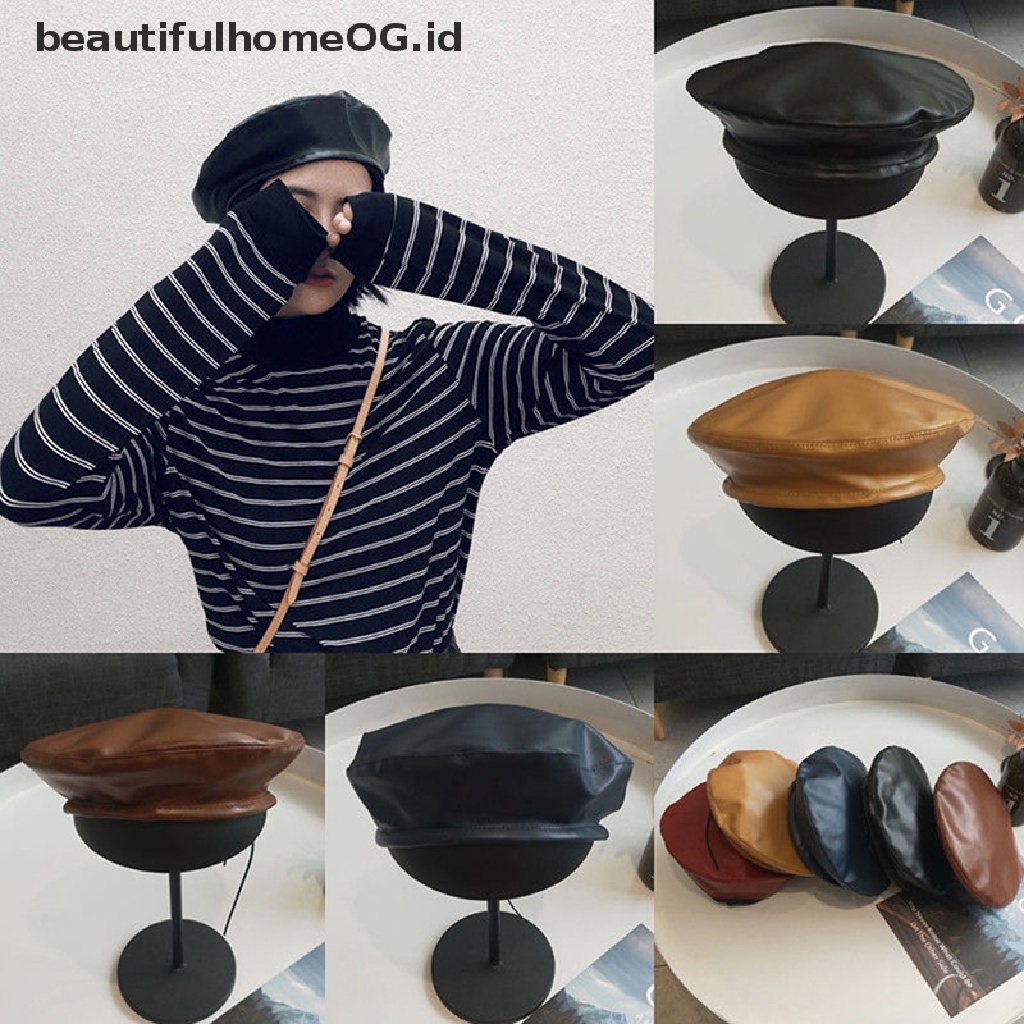 Topi Baret Wanita Bahan Kulit Pu Gaya Vintage Untuk Musim Dingin