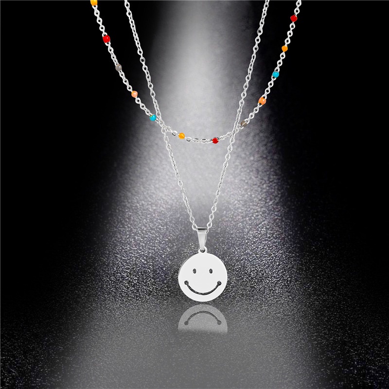 Korea Dongdaemun stainless steel light mewah smiley wajah bulat double-layer kalung wanita minyak ra