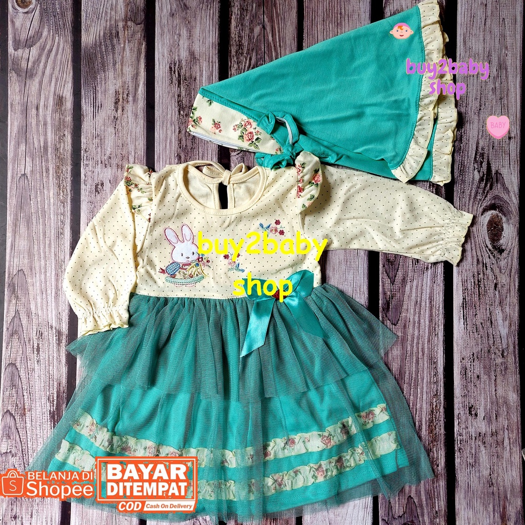 Baju lebaran bayi set gamis panjang dengan jilbab motif flower series Baby Flower