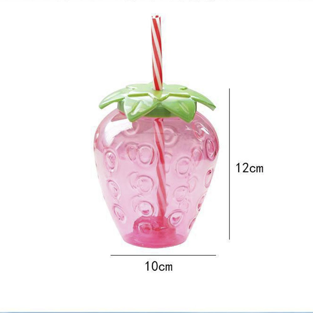 【COD Tangding】Botol Minum Susu Teh Bahan Plastik Motif Strawberry Dengan Sedotan Untuk Wanita