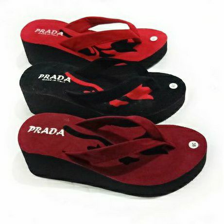 SANDAL WEDGES WANITA  - SANDAL WANITA JAPIT - SANDAL JAPIT SPON PLUS BELUDRU ( PRADA MAWAR)