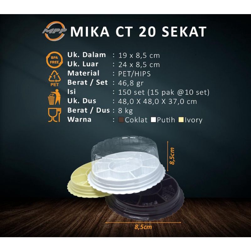 Mika Tumpeng Bulat CT20 Sekat8 Isi 10PCS Alas dan Tutup Warna Putih Coklat Ivory