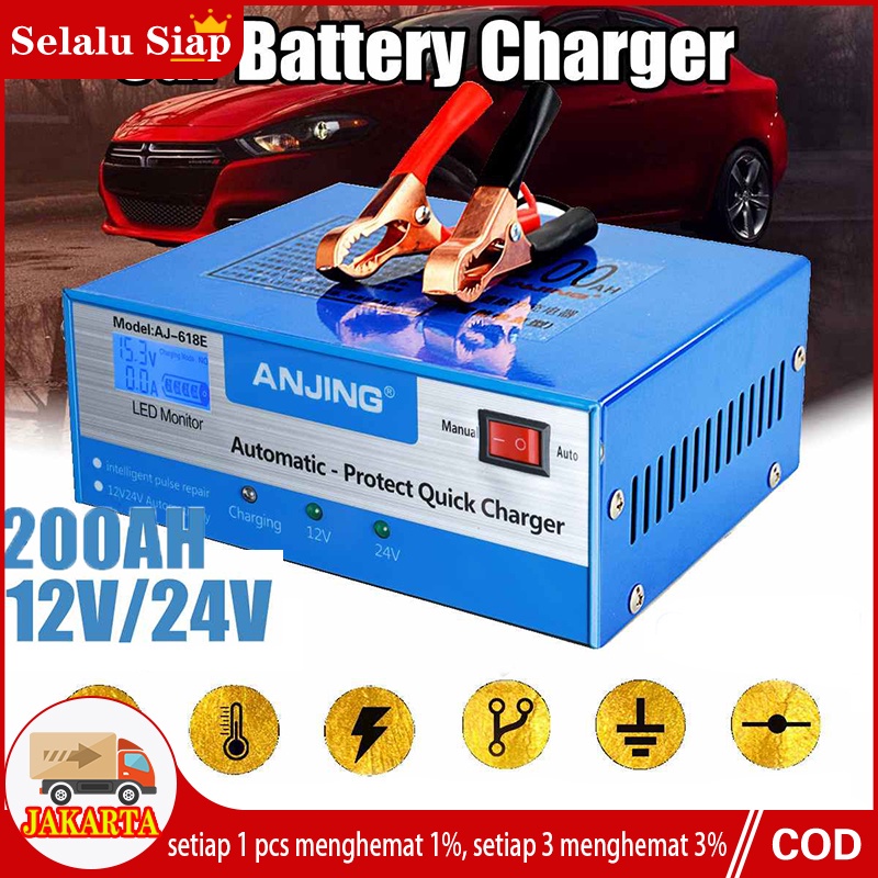 Charger Aki Accu Mobil dan Motor Tenaga LIstrik 5 Mode Automatic Repair 130W 12V/24V 200AH + LCD