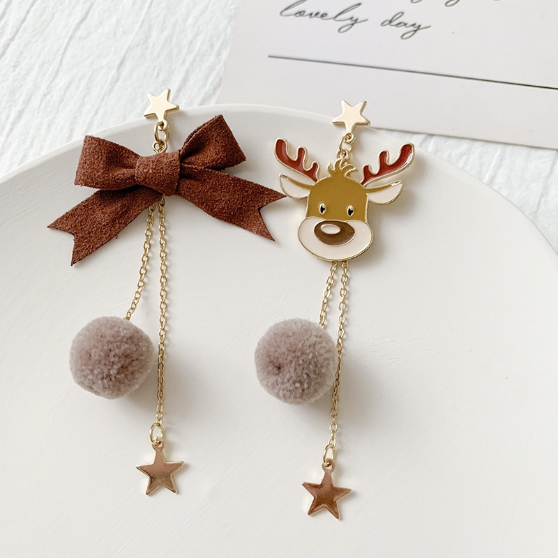 Christmas elk five-pointed star bow long asymmetrical tassels ladies earrings holiday cute jewelry factory wholesale in stock